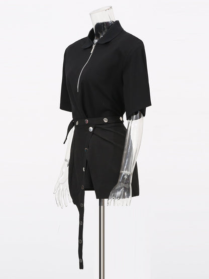 Black Zip Polo & Asymmetric Button Skirt Set - SISPELL
