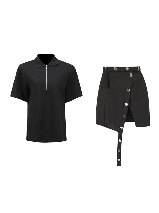 Black Zip Polo & Asymmetric Button Skirt Set - SISPELL