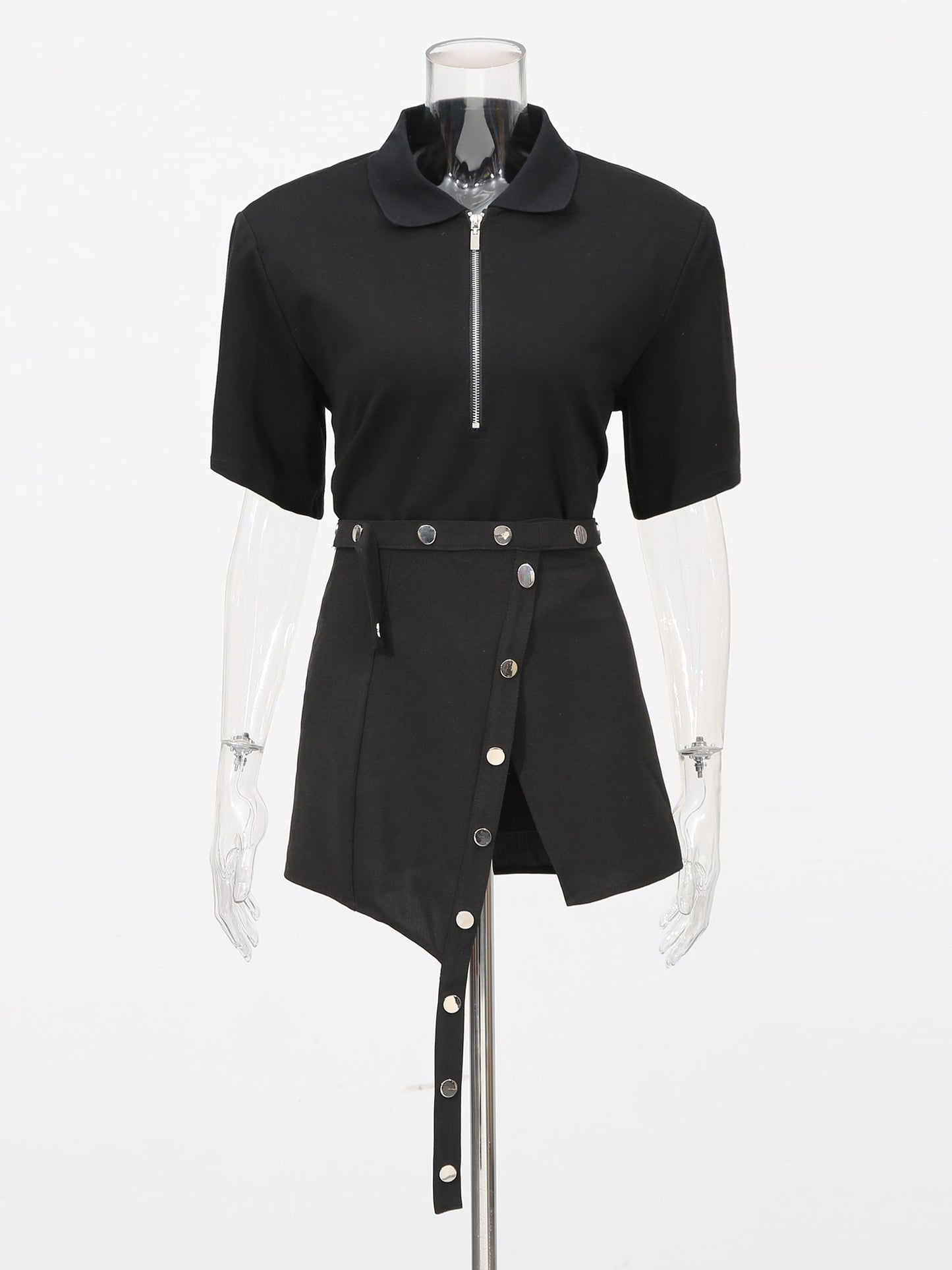 Black Zip Polo & Asymmetric Button Skirt Set - SISPELL