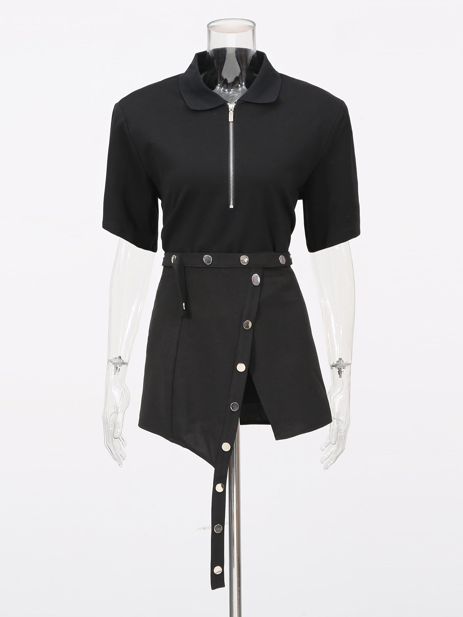 Black Zip Polo & Asymmetric Button Skirt Set - SISPELL