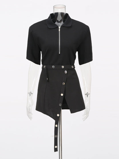Black Zip Polo & Asymmetric Button Skirt Set - SISPELL