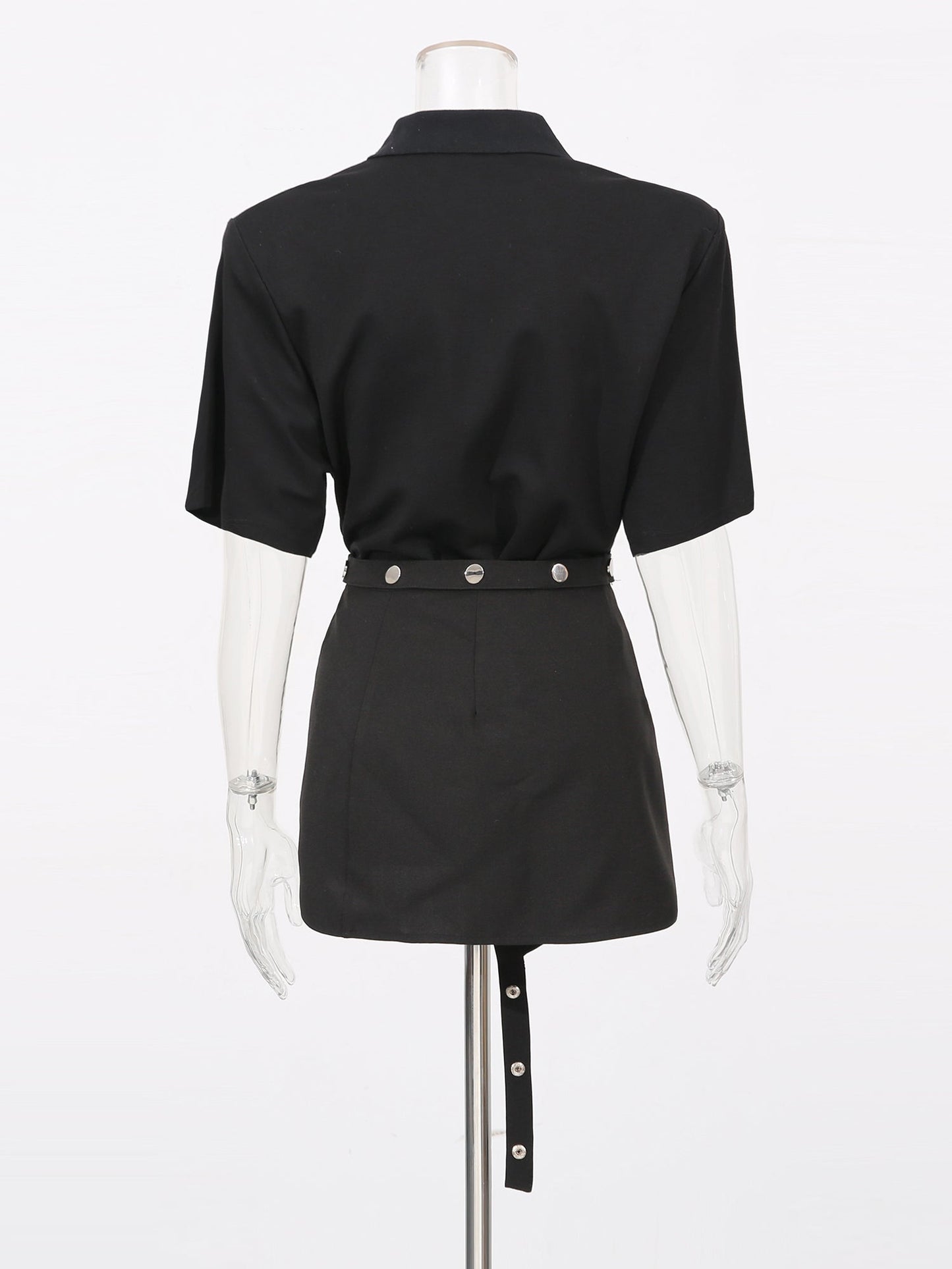 Black Zip Polo & Asymmetric Button Skirt Set - SISPELL