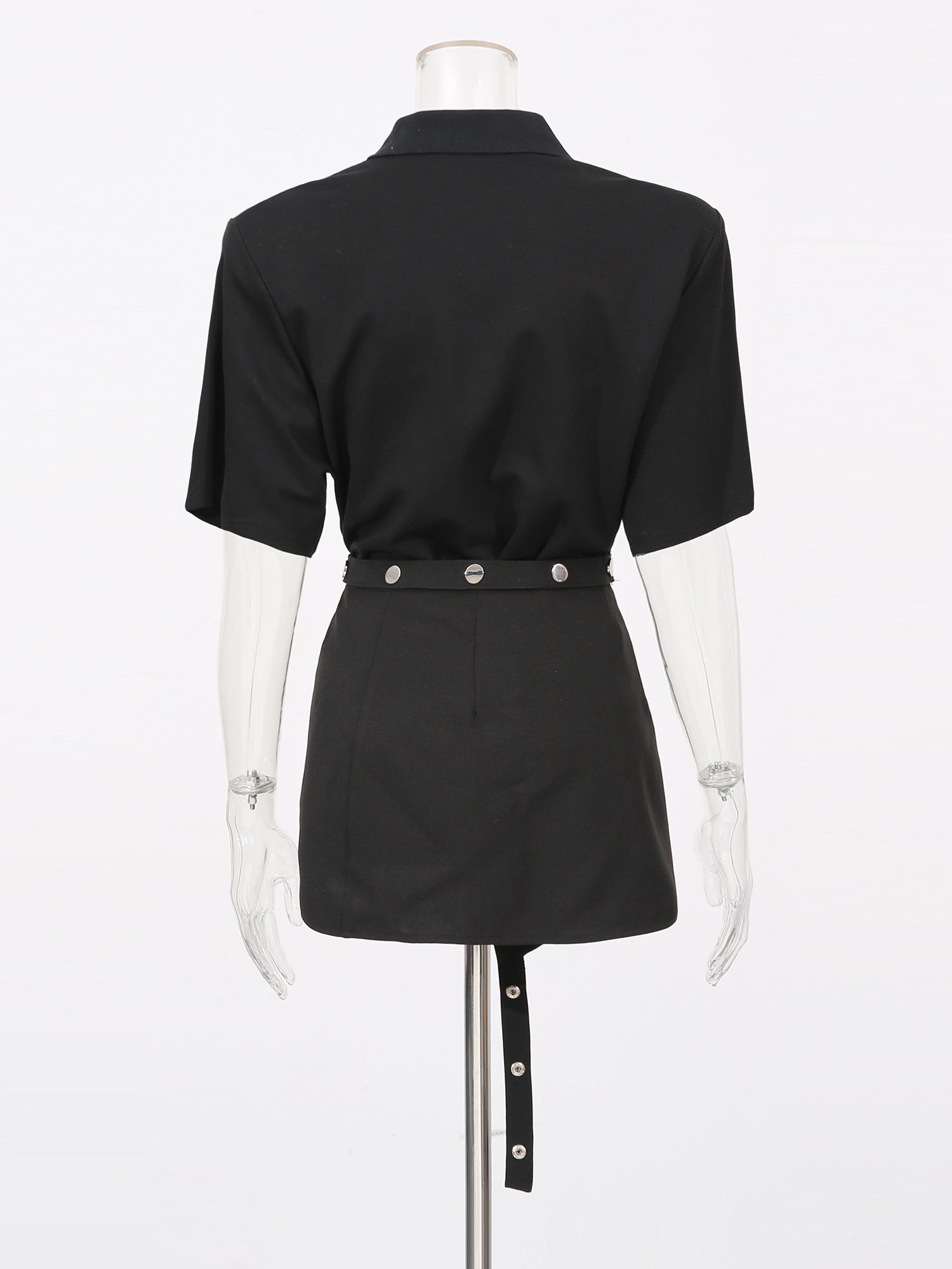 Black Zip Polo & Asymmetric Button Skirt Set - SISPELL