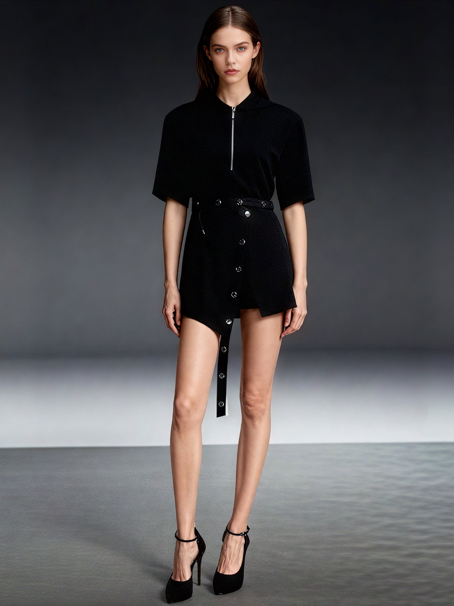 Black Zip Polo & Asymmetric Button Skirt Set - SISPELL