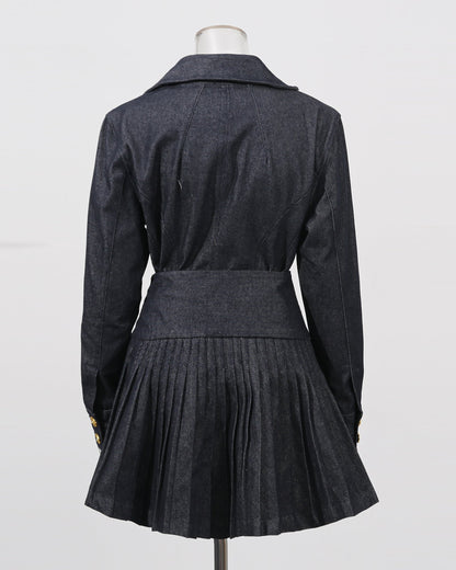 Blue Denim Blazer & Pleated Skirt Set - SISPELL