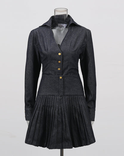 Blue Denim Blazer & Pleated Skirt Set - SISPELL