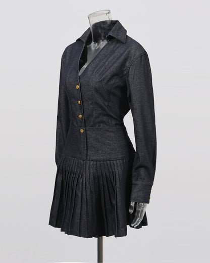 Blue Denim Blazer & Pleated Skirt Set - SISPELL