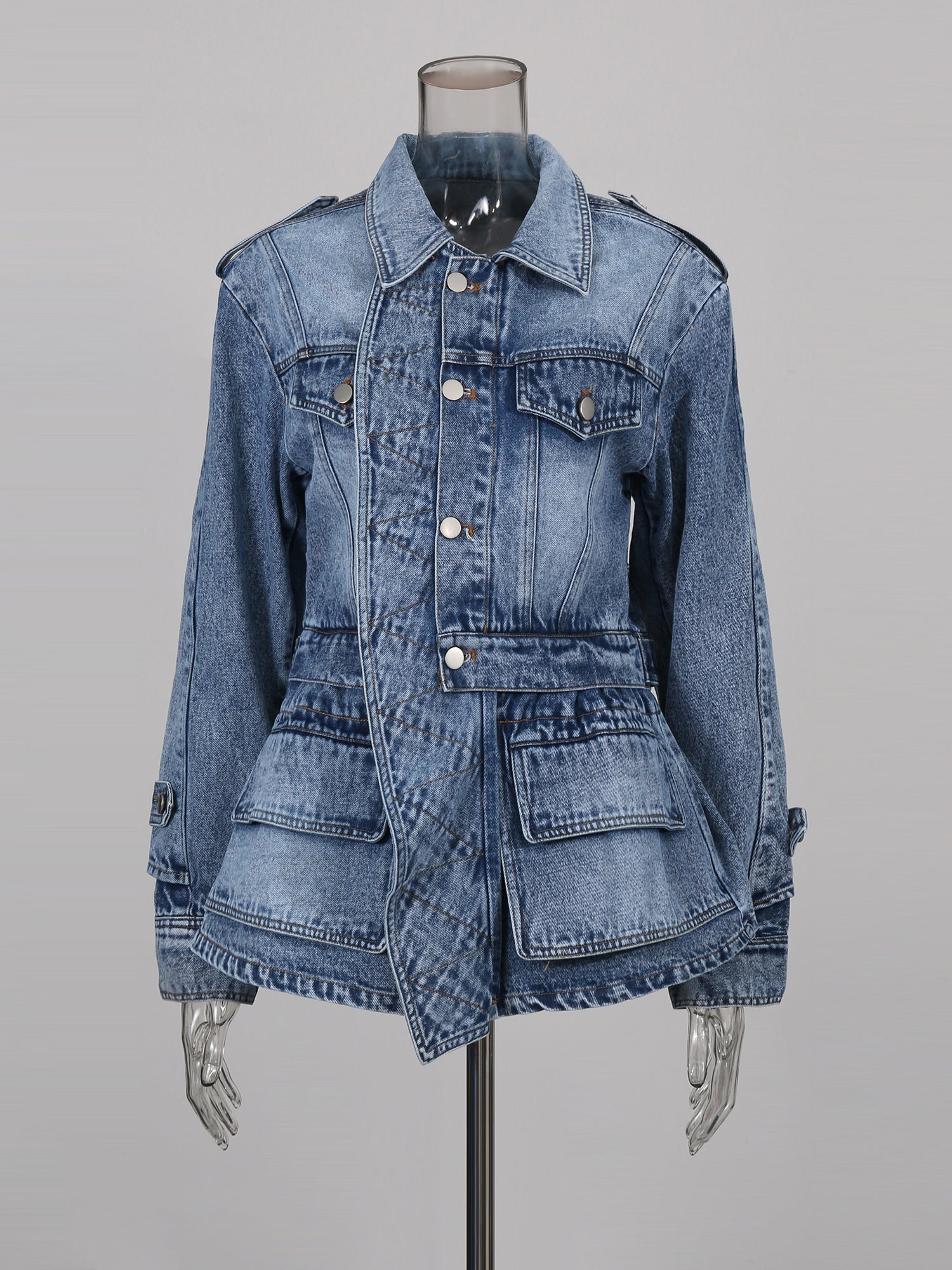 Blue Denim Jacket with Asymmetric Design & Utility Pockets - SISPELL