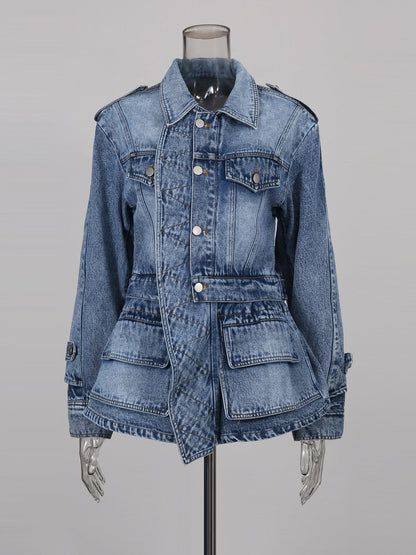 Blue Denim Jacket with Asymmetric Design & Utility Pockets - SISPELL