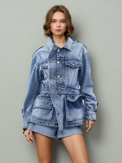 Blue Denim Jacket with Asymmetric Design & Utility Pockets - SISPELL