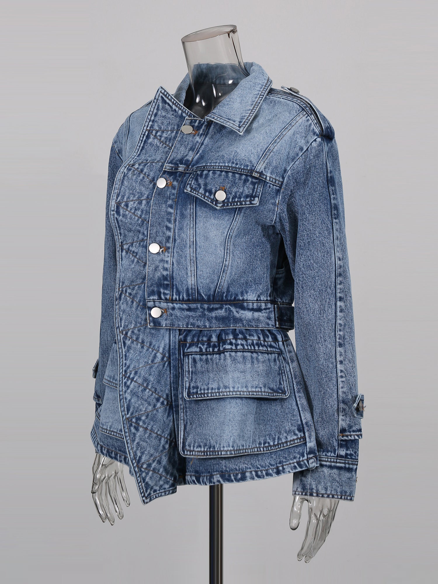 Blue Denim Jacket with Asymmetric Design & Utility Pockets - SISPELL