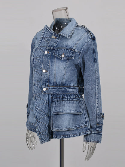 Blue Denim Jacket with Asymmetric Design & Utility Pockets - SISPELL
