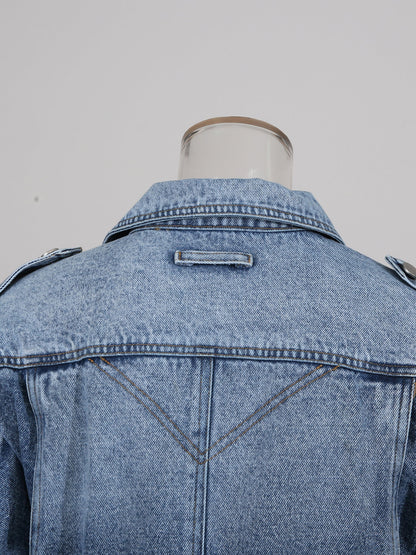 Blue Denim Jacket with Asymmetric Design & Utility Pockets - SISPELL