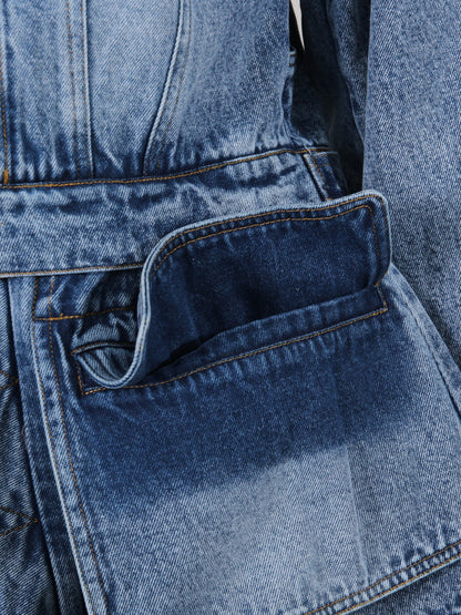 Blue Denim Jacket with Asymmetric Design & Utility Pockets - SISPELL