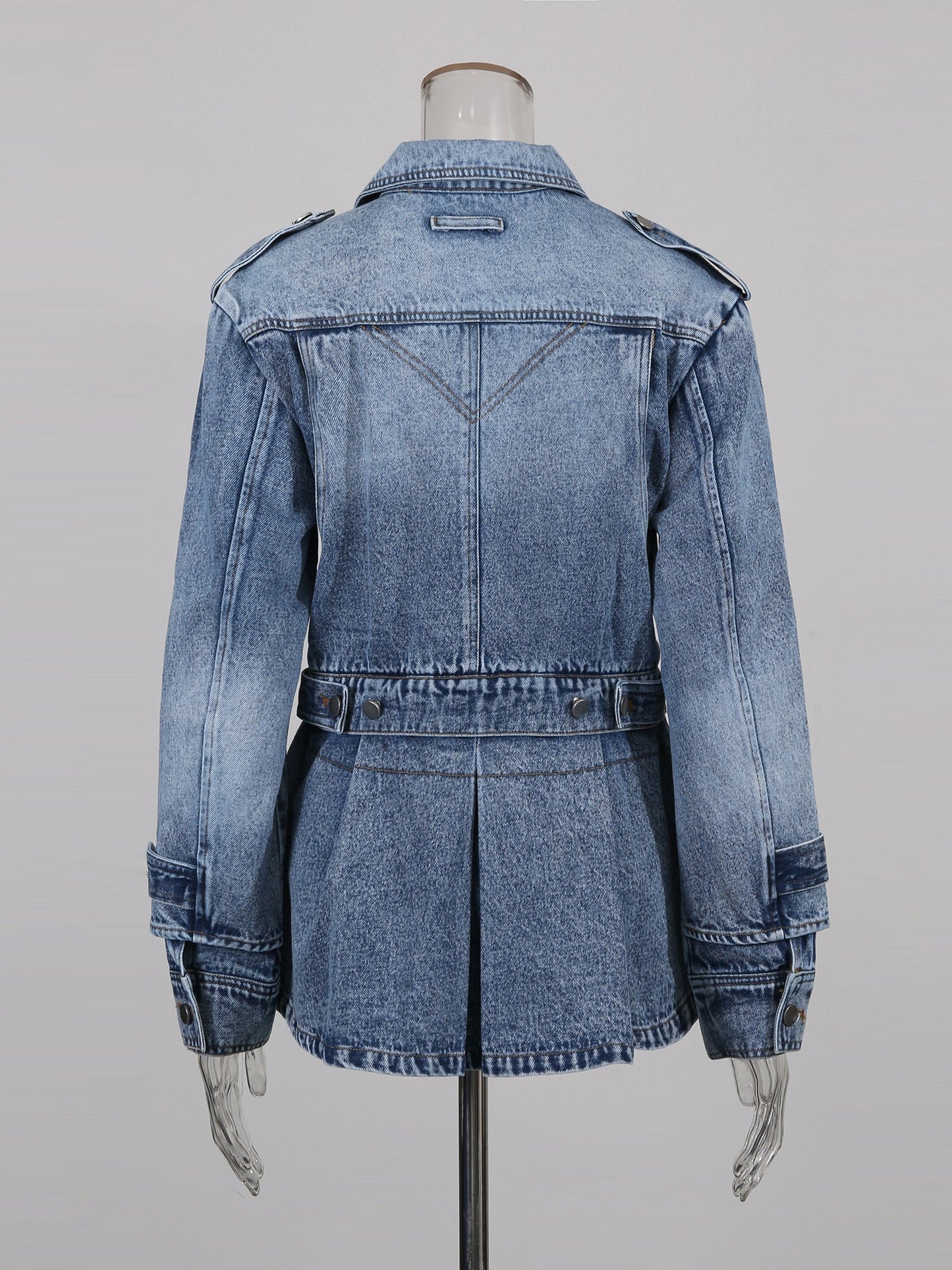 Blue Denim Jacket with Asymmetric Design & Utility Pockets - SISPELL