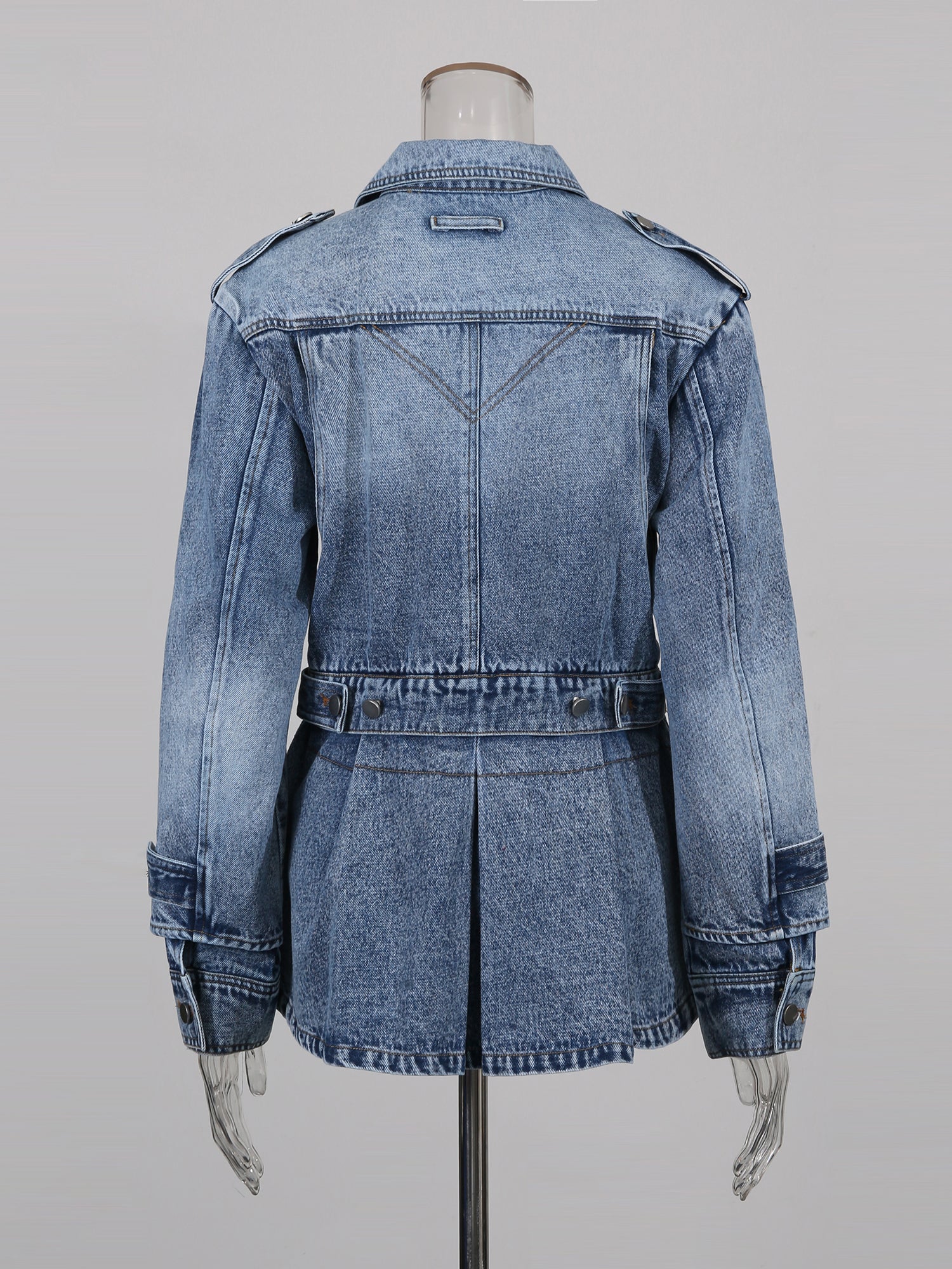Blue Denim Jacket with Asymmetric Design & Utility Pockets - SISPELL