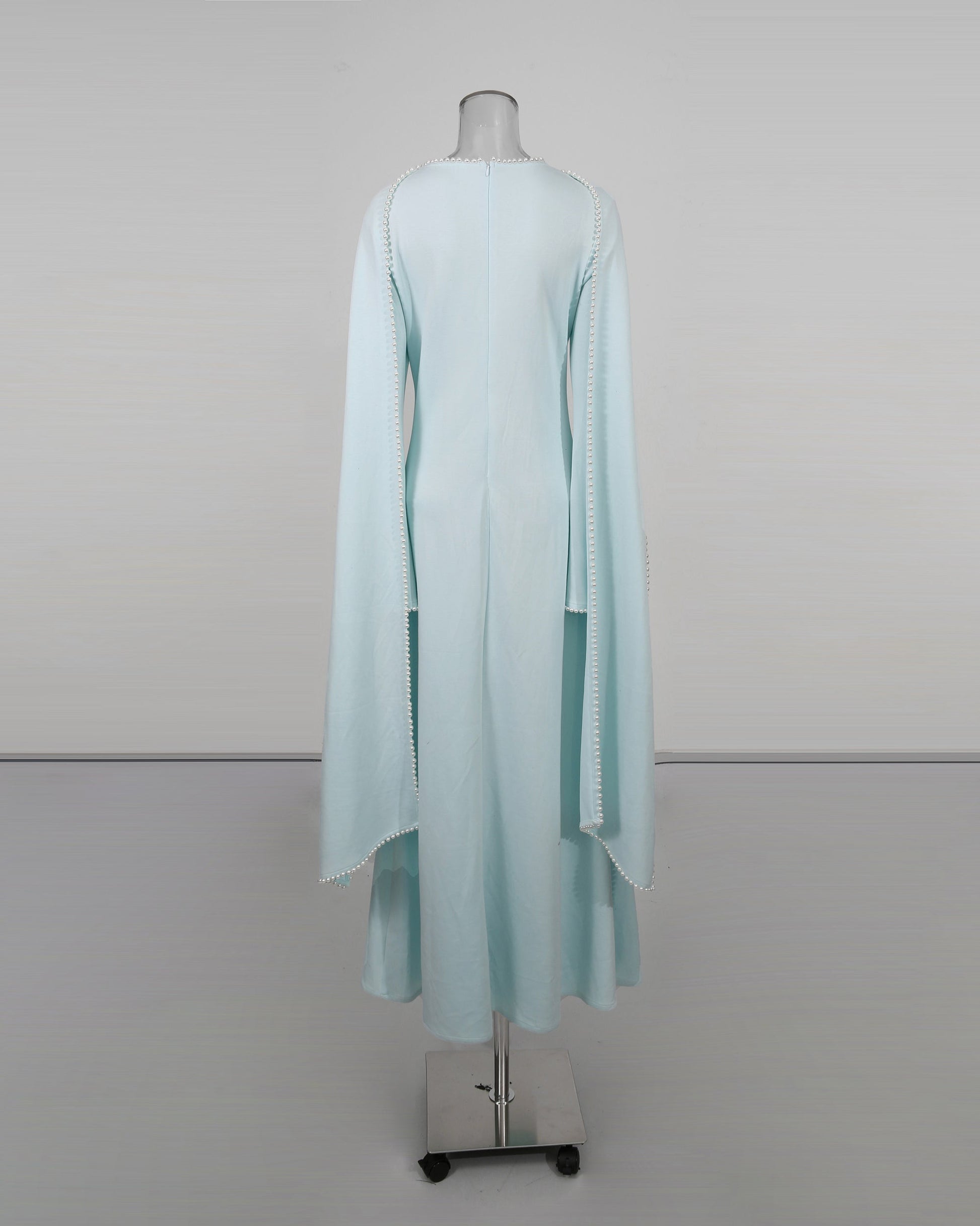 Blue Maxi Dress with Pearl - Trimmed Cape Sleeves - SISPELL