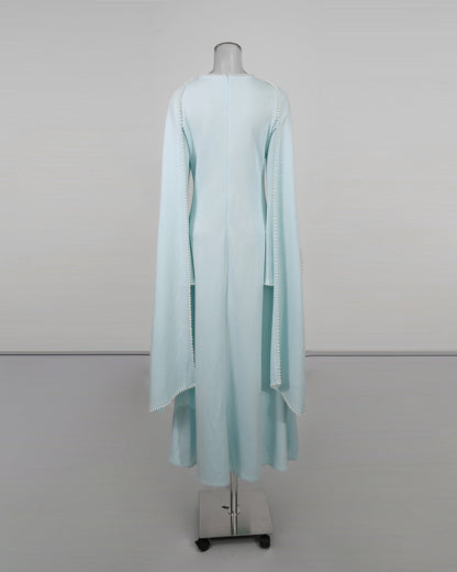 Blue Maxi Dress with Pearl - Trimmed Cape Sleeves - SISPELL