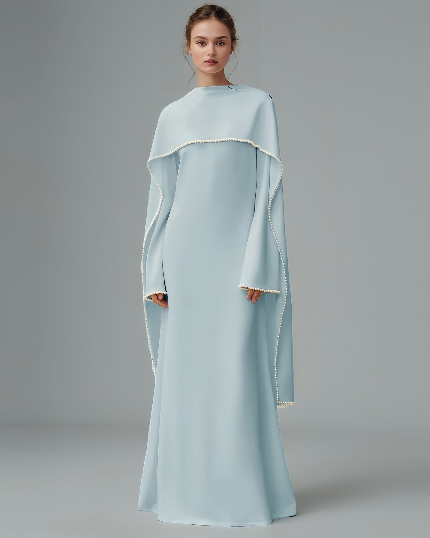 Blue Maxi Dress with Pearl - Trimmed Cape Sleeves - SISPELL