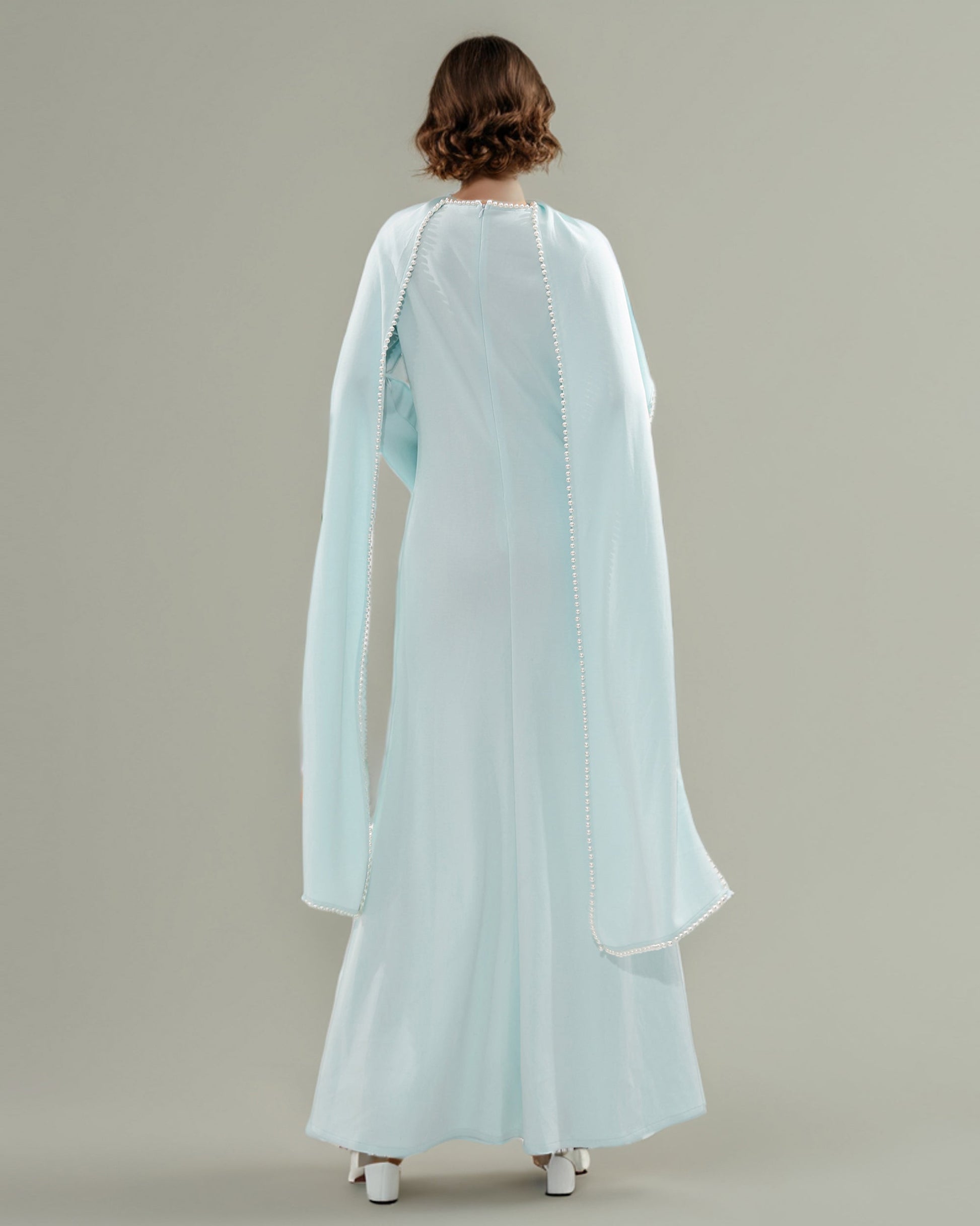 Blue Maxi Dress with Pearl - Trimmed Cape Sleeves - SISPELL