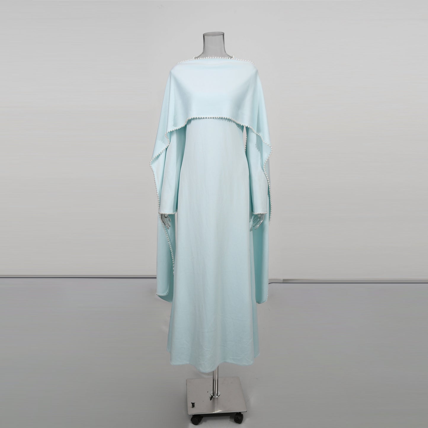 Blue Maxi Dress with Pearl - Trimmed Cape Sleeves - SISPELL