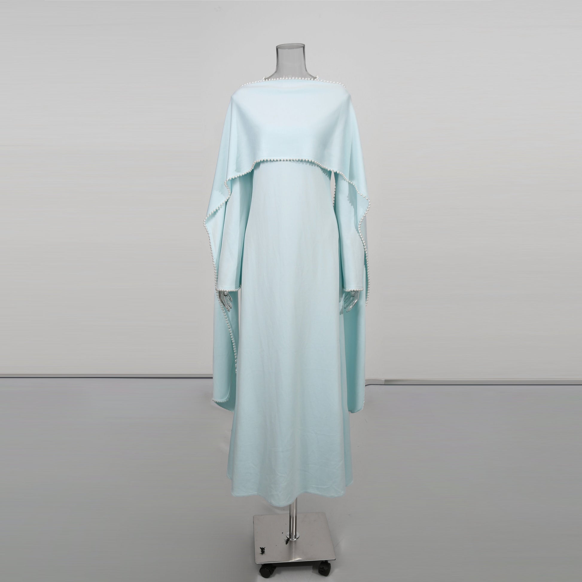 Blue Maxi Dress with Pearl - Trimmed Cape Sleeves - SISPELL