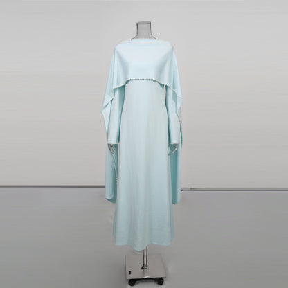 Blue Maxi Dress with Pearl - Trimmed Cape Sleeves - SISPELL