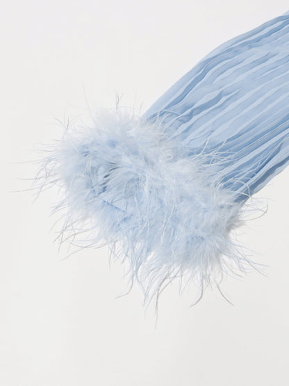 Blue Pleated Maxi Dress with Crystal & Feather Details - SISPELL