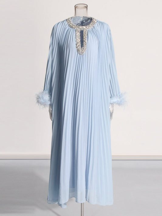 Blue Pleated Maxi Dress with Crystal & Feather Details - SISPELL