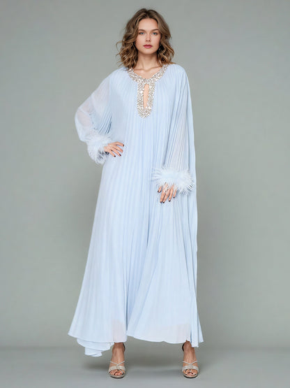 Blue Pleated Maxi Dress with Crystal & Feather Details - SISPELL
