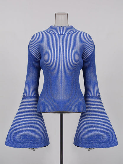 Blue Striped Knit Sweater with Bell Sleeve - SISPELL