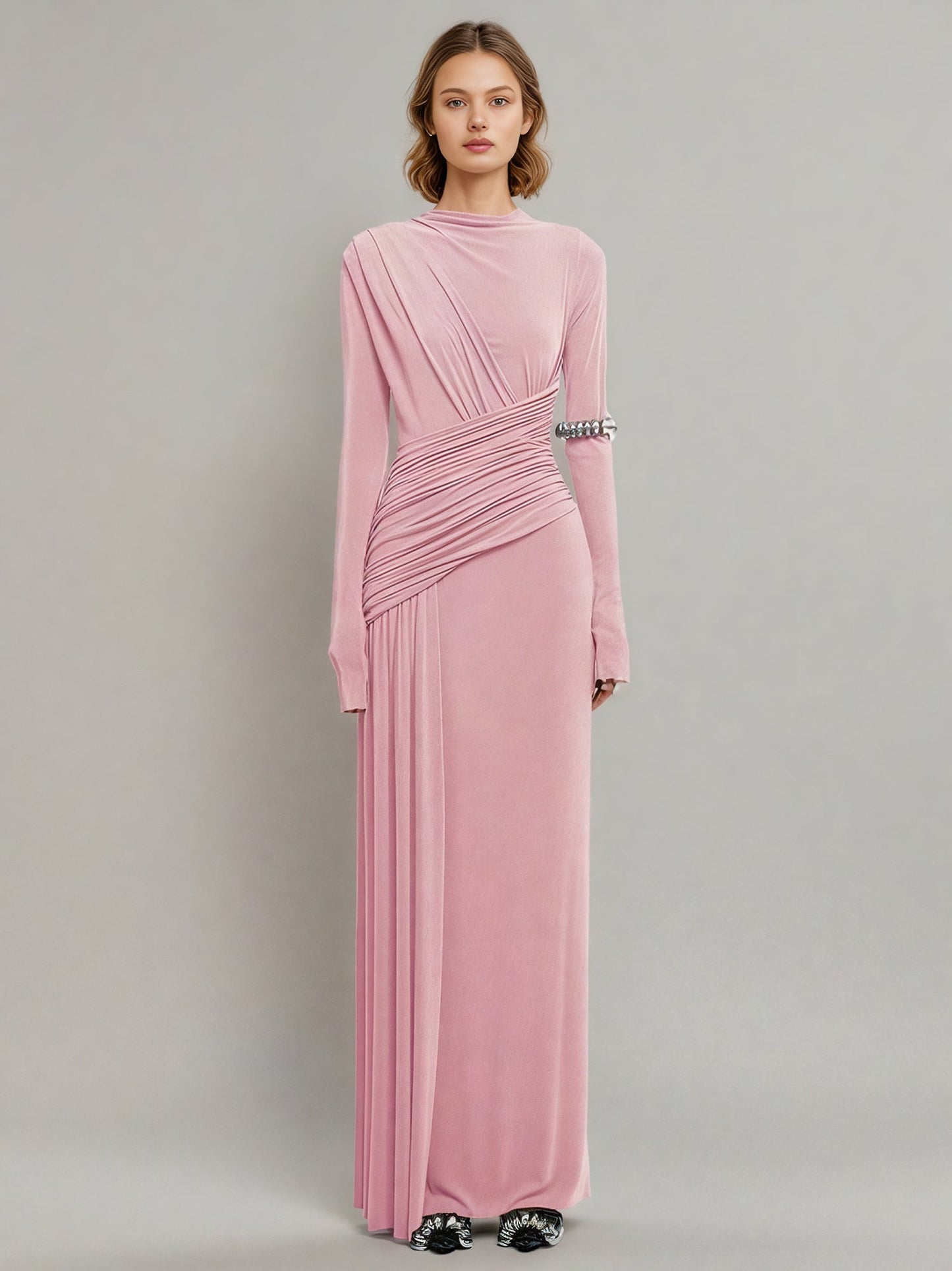 Blush Pink Ruched Long Sleeve Maxi Dress - SISPELL