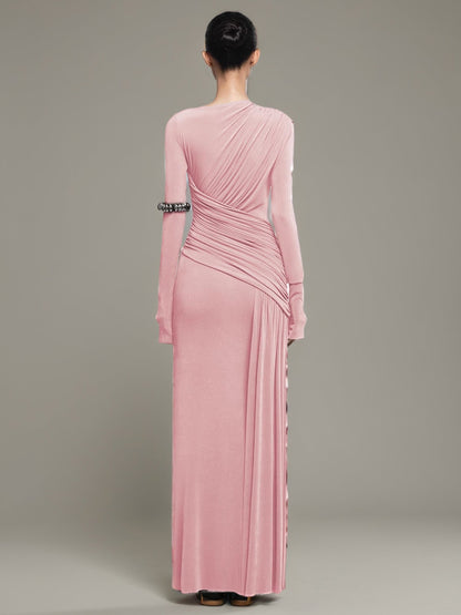 Blush Pink Ruched Long Sleeve Maxi Dress - SISPELL