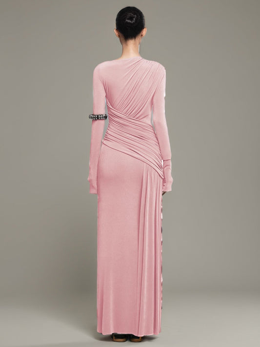Blush Pink Ruched Long Sleeve Maxi Dress - SISPELL