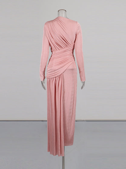 Blush Pink Ruched Long Sleeve Maxi Dress - SISPELL