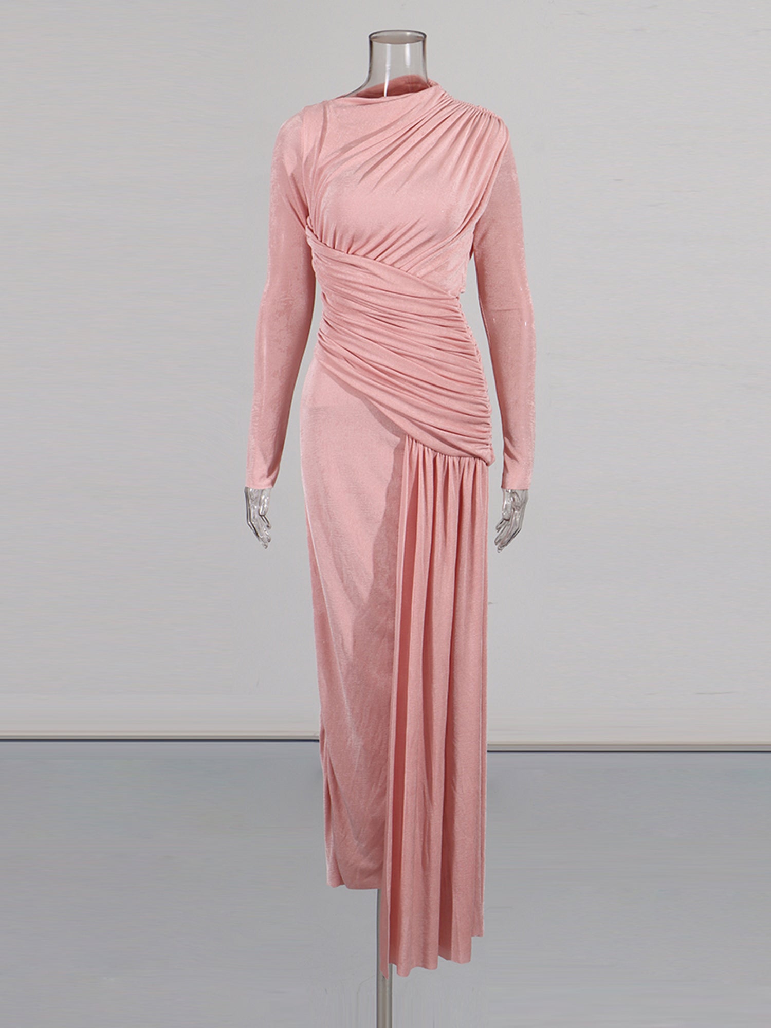 Blush Pink Ruched Long Sleeve Maxi Dress - SISPELL