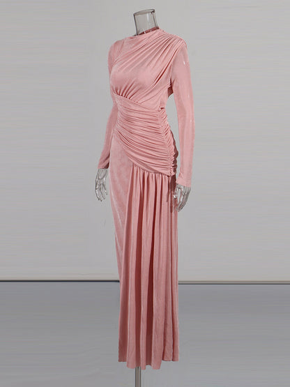 Blush Pink Ruched Long Sleeve Maxi Dress - SISPELL