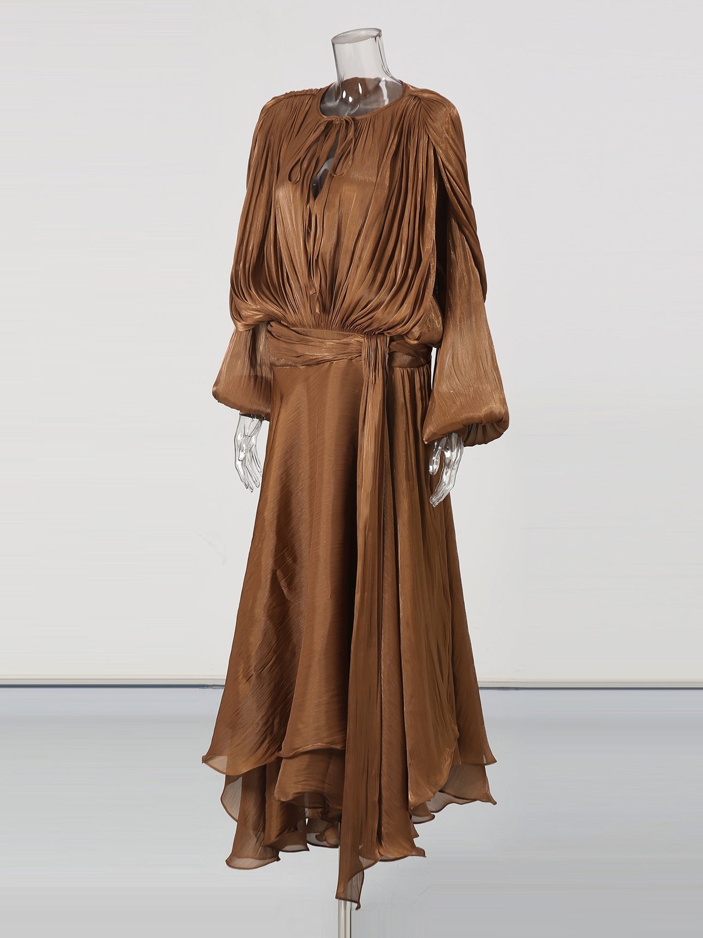 Bohemian Brown Pleated Maxi Dress with Tie Neck and Sash - SISPELL