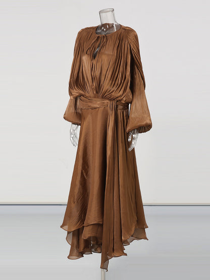 Bohemian Brown Pleated Maxi Dress with Tie Neck and Sash - SISPELL