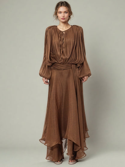 Bohemian Brown Pleated Maxi Dress with Tie Neck and Sash - SISPELL