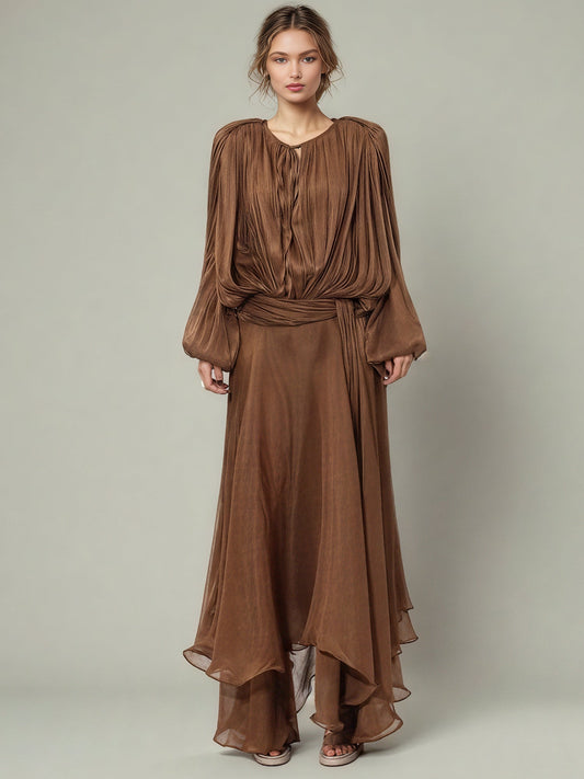 Bohemian Brown Pleated Maxi Dress with Tie Neck and Sash - SISPELL