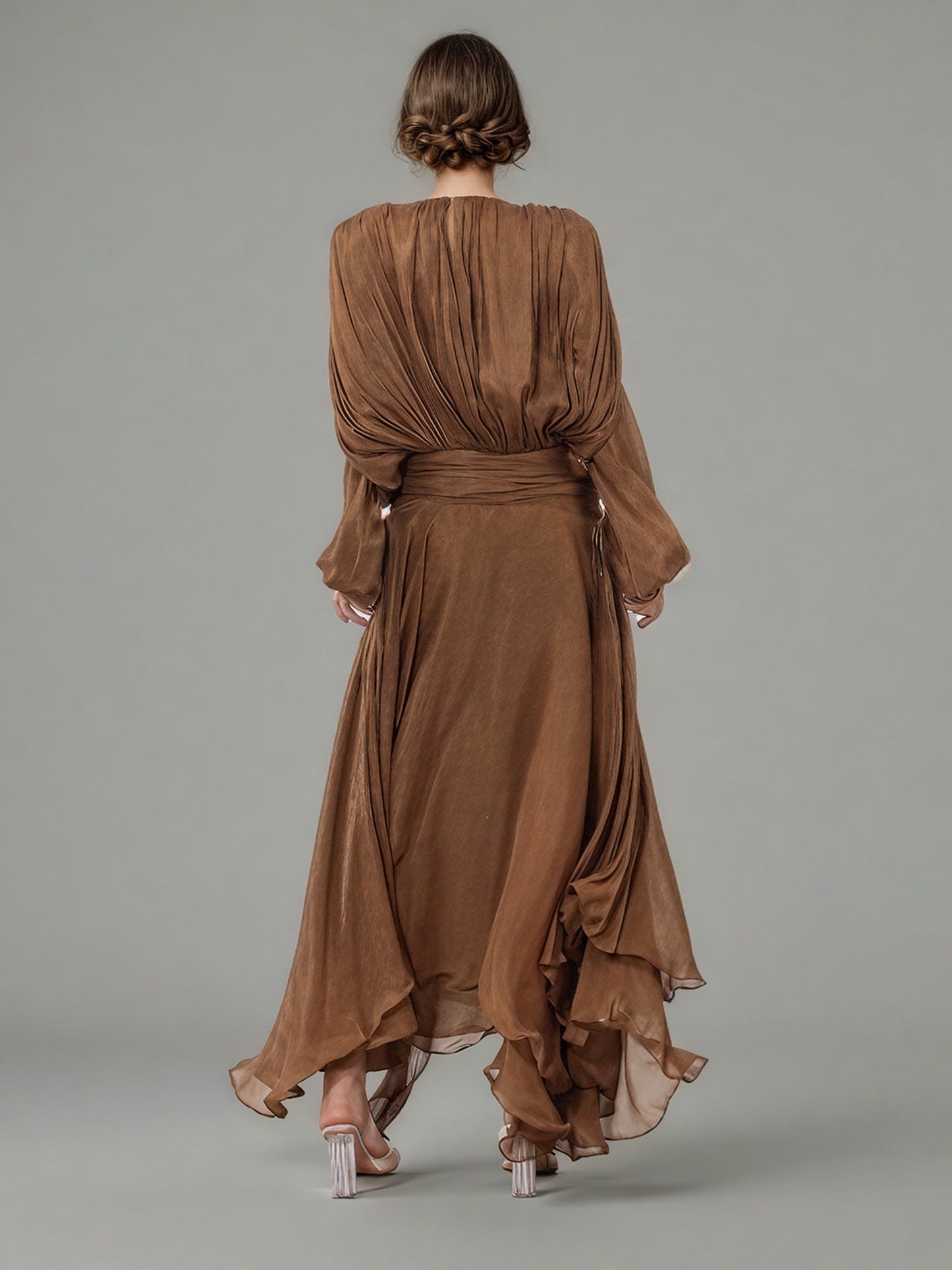Bohemian Brown Pleated Maxi Dress with Tie Neck and Sash - SISPELL