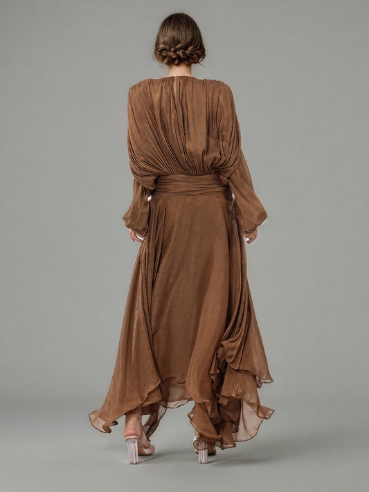 Bohemian Brown Pleated Maxi Dress with Tie Neck and Sash - SISPELL