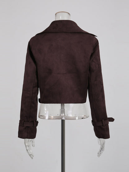 Brown Suede Cropped Trench Jacket with Belt - SISPELL