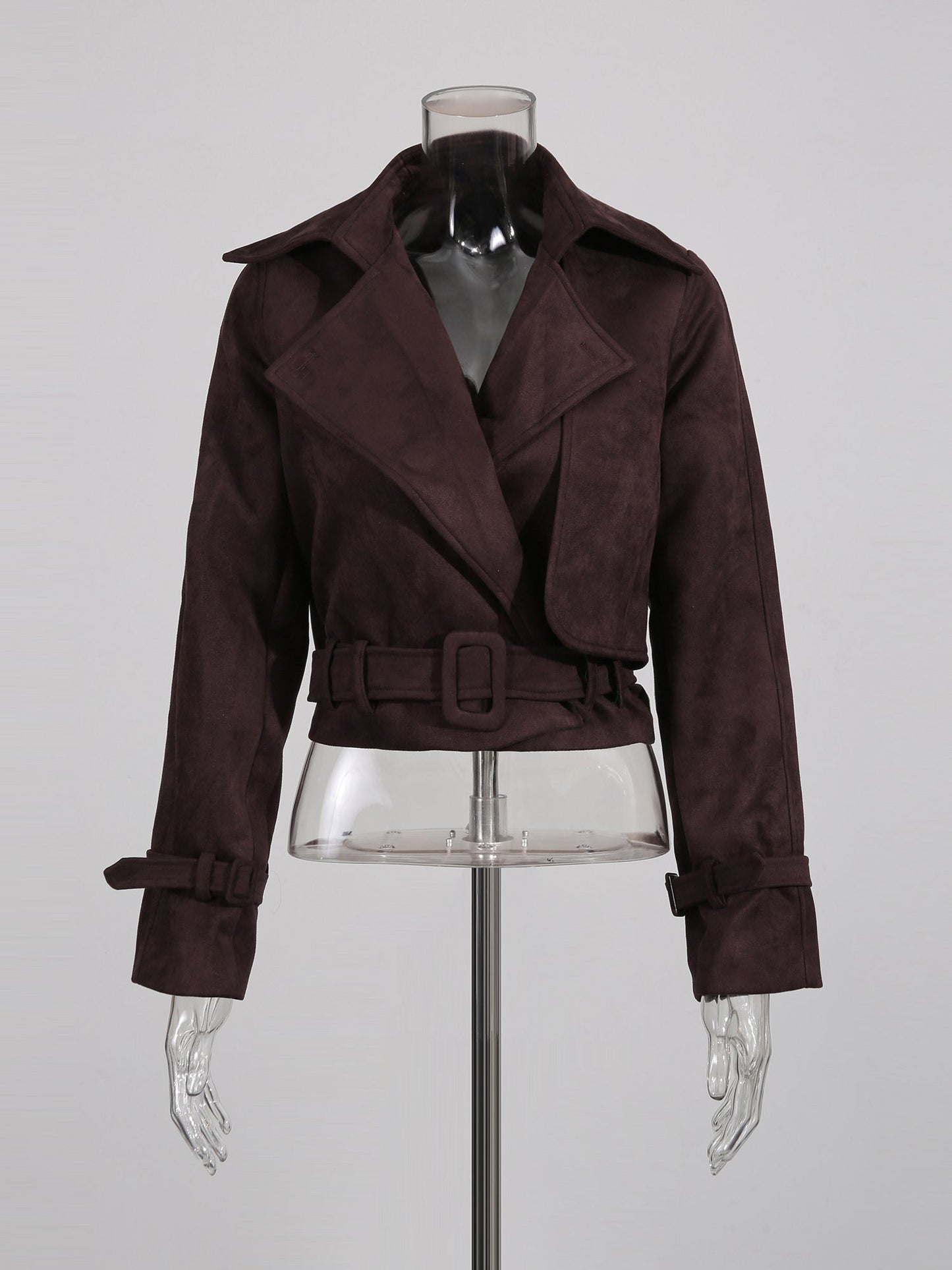 Brown Suede Cropped Trench Jacket with Belt - SISPELL