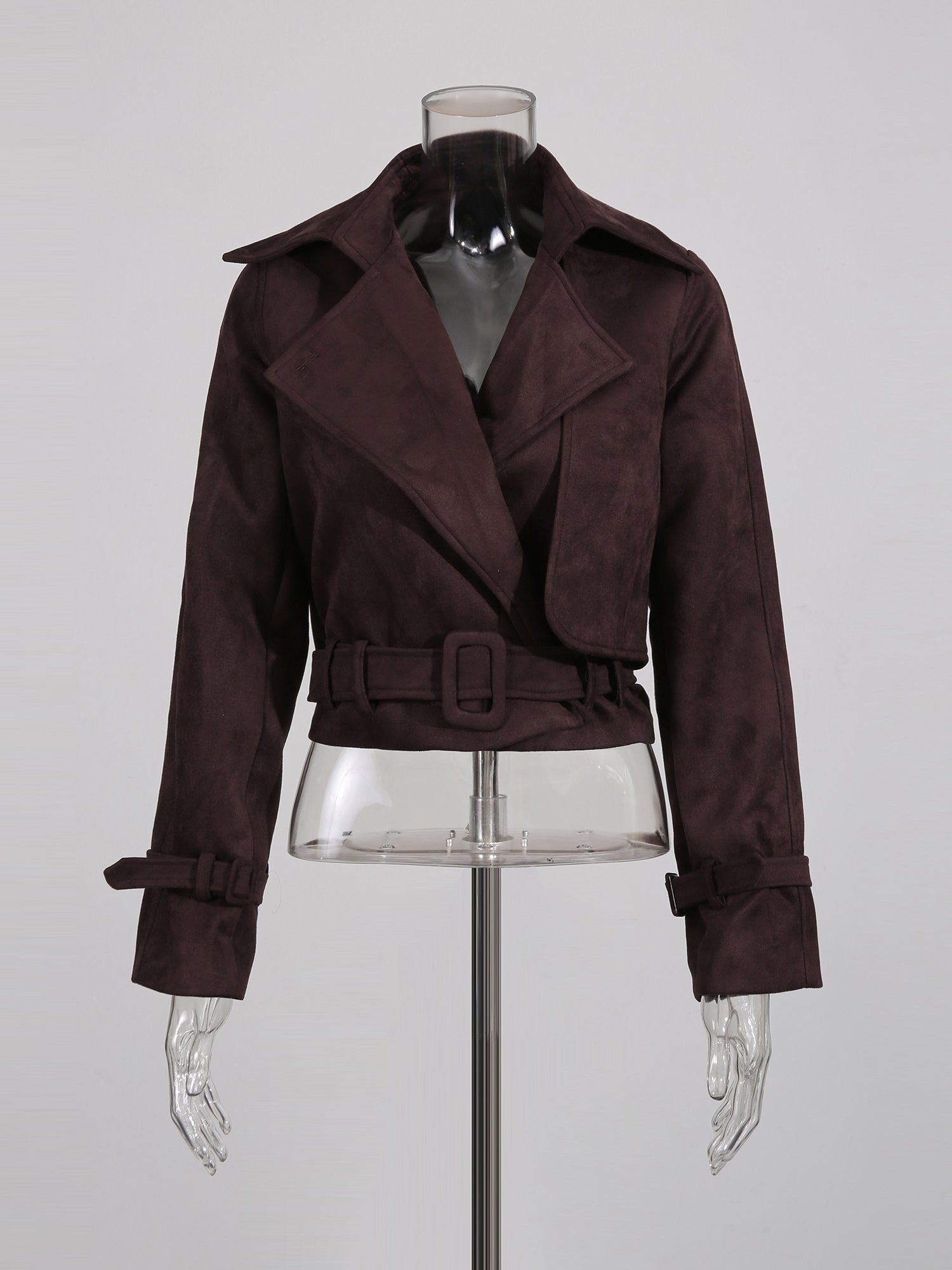 Brown Suede Cropped Trench Jacket with Belt - SISPELL
