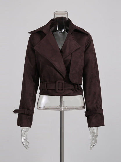 Brown Suede Cropped Trench Jacket with Belt - SISPELL