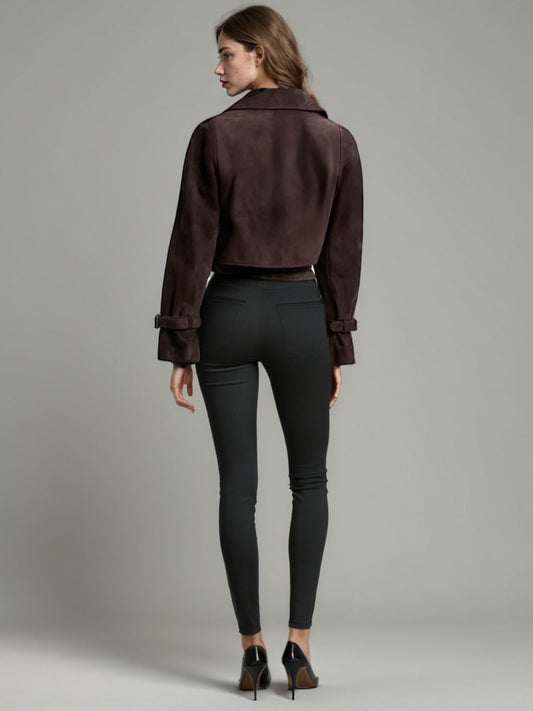 Brown Suede Cropped Trench Jacket with Belt - SISPELL