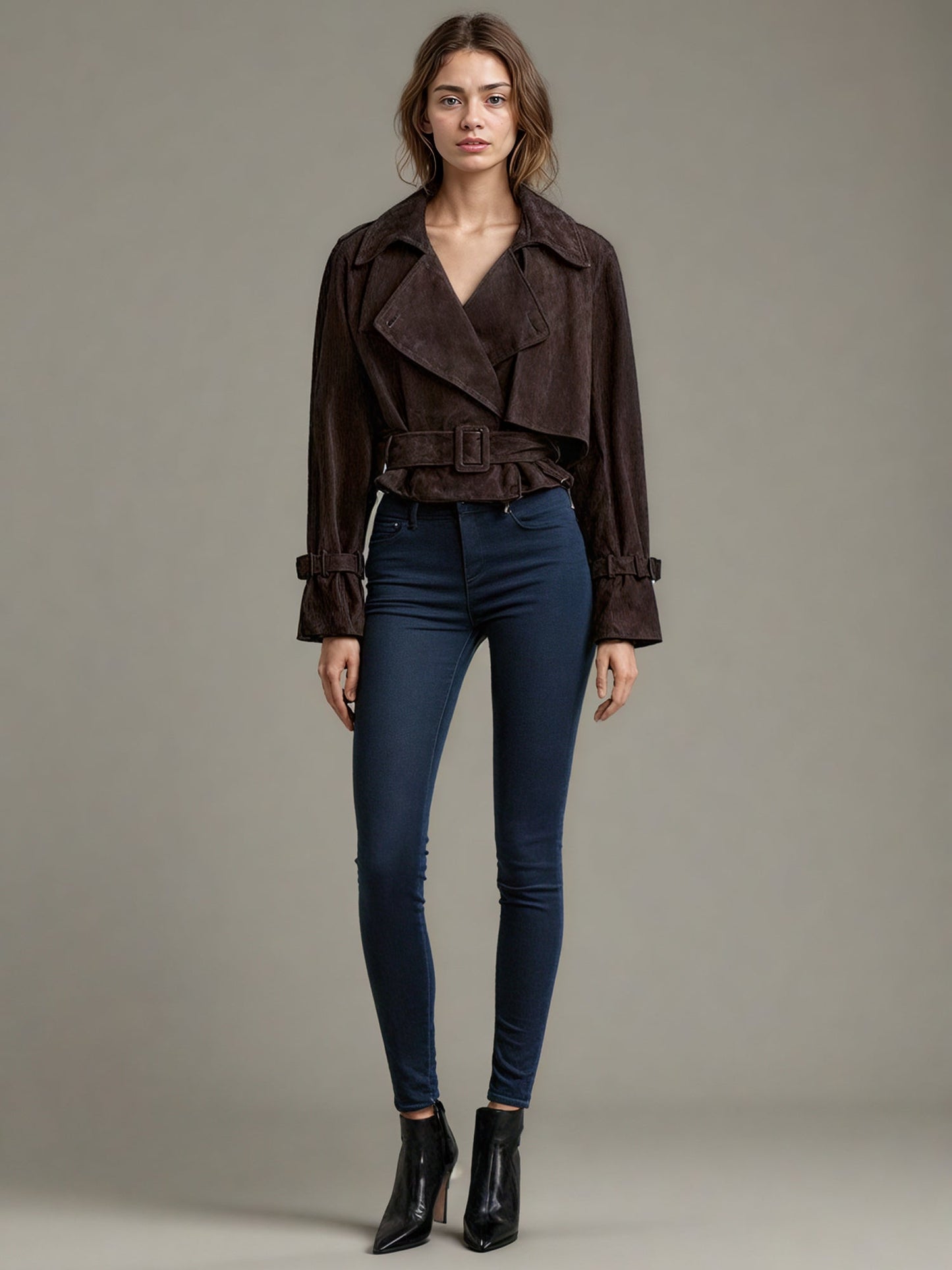 Brown Suede Cropped Trench Jacket with Belt - SISPELL