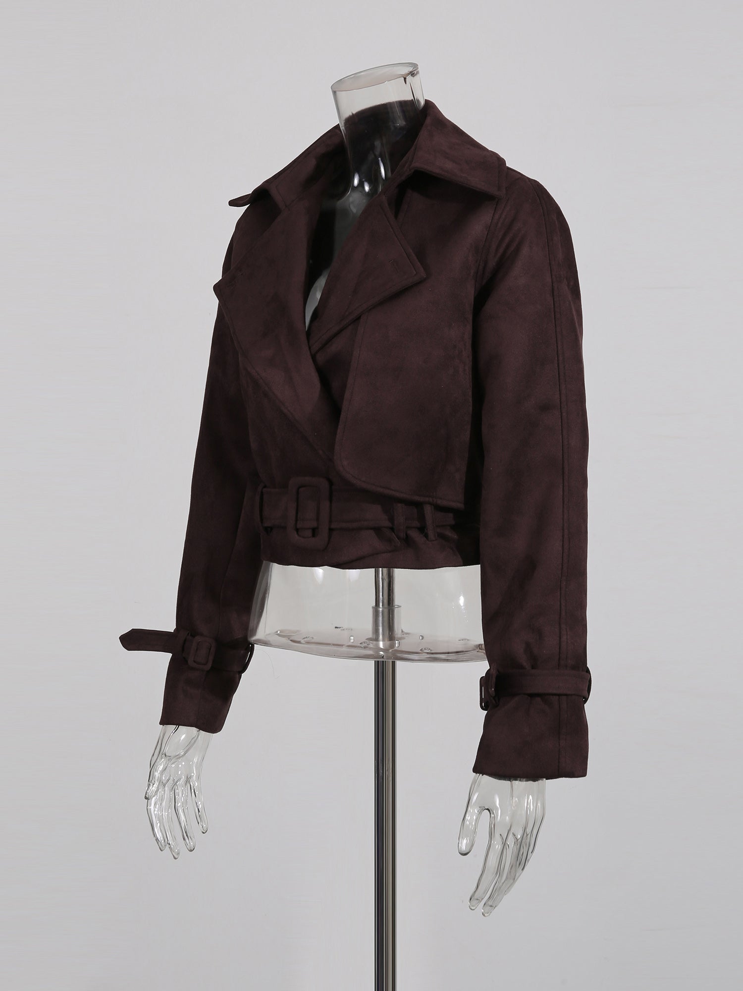 Brown Suede Cropped Trench Jacket with Belt - SISPELL